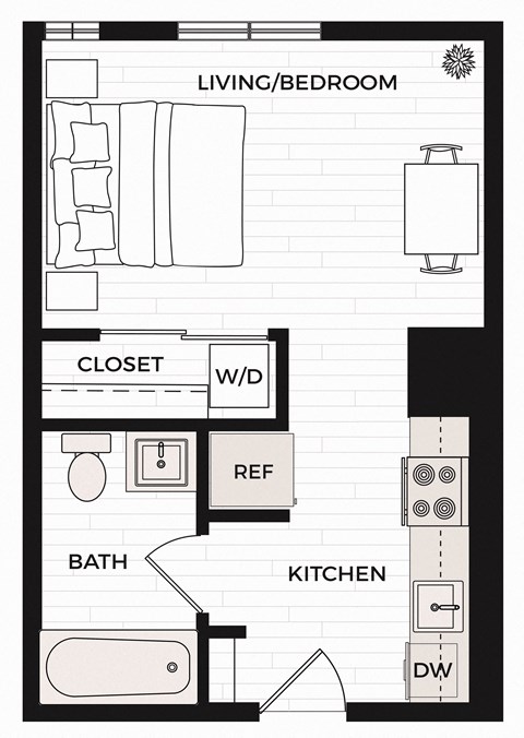 Floor plan for studio, 1 bath, 383 sqft